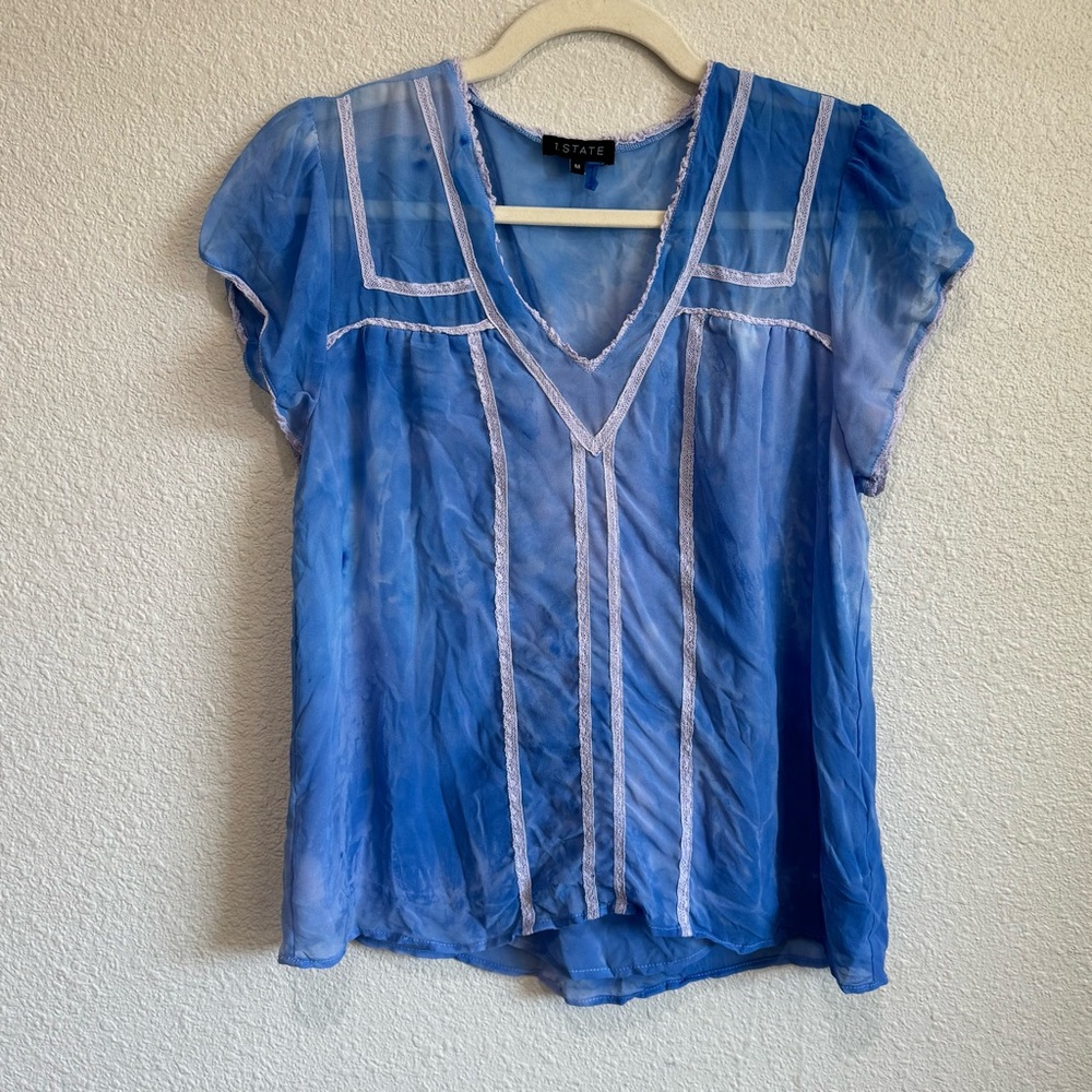 State Womens Medium Blue Sheer Lace Tie Dye Fairycore Ethereal Blouse Boho‎